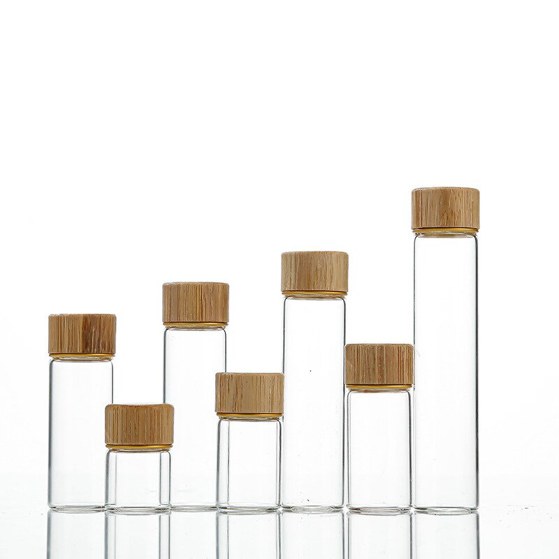 Glass Bottles Supplier - Wholesale Mini Amber Clear with Bamboo Lid Screw Cap