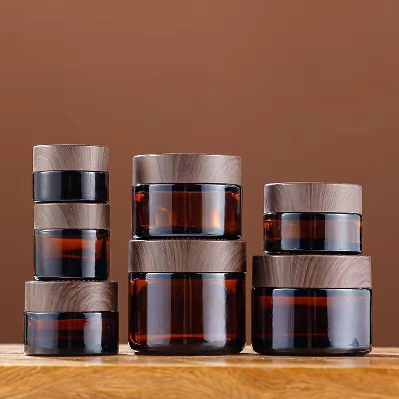 Glass Cosmetic Cream Jars Supplier - Wholesale Amber with Wood Grain Lid