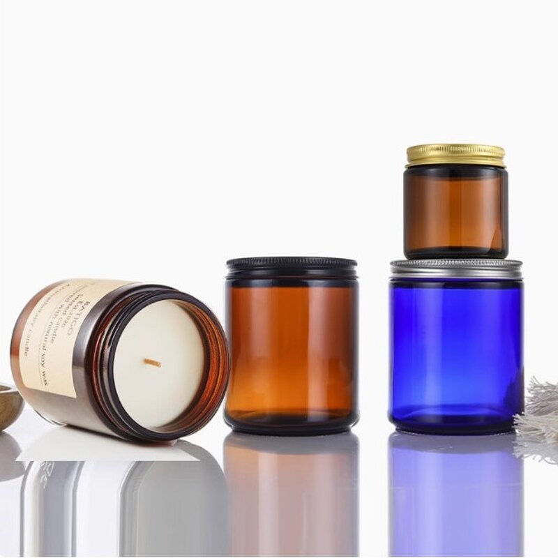 Glass Candle Jar Manufacturer - Wholesale 8oz Round Amber with Aluminum Lid