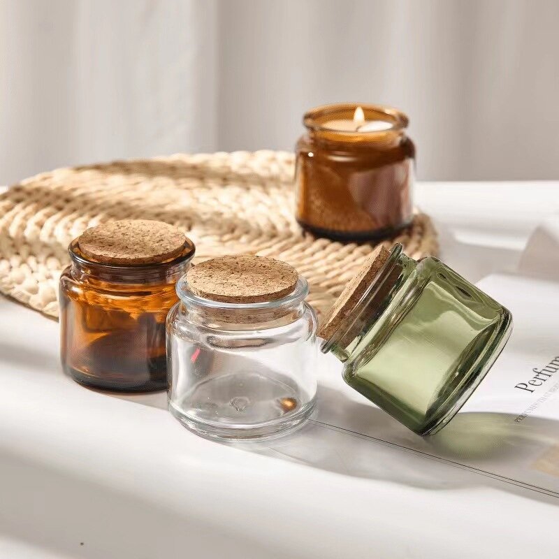 Glass Candle Jar Supplier - Wholesale Small 80ml Amber Round with Cork Lids
