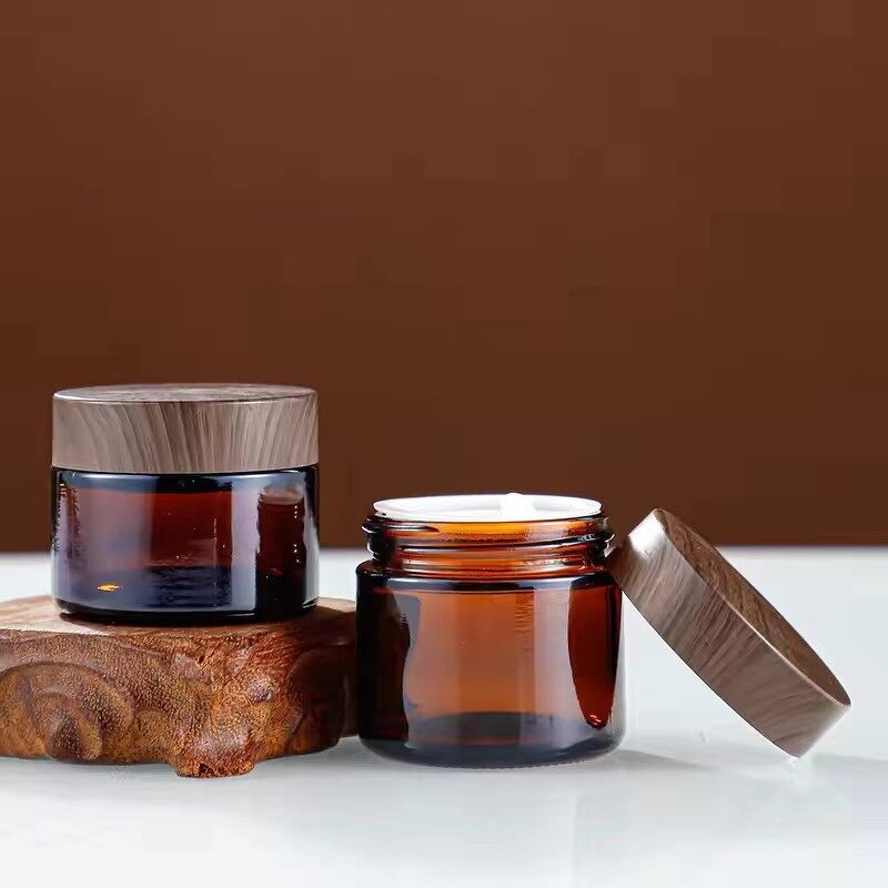 Glass Cosmetic Cream Jars Supplier - Wholesale Amber with Wood Grain Lid