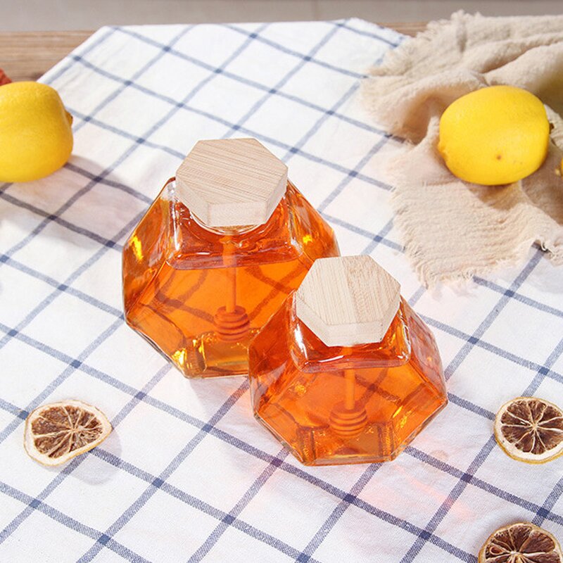 Glass Honey Jar Factory - Wholesale Clear Empty Hexagonal with Wood Lid