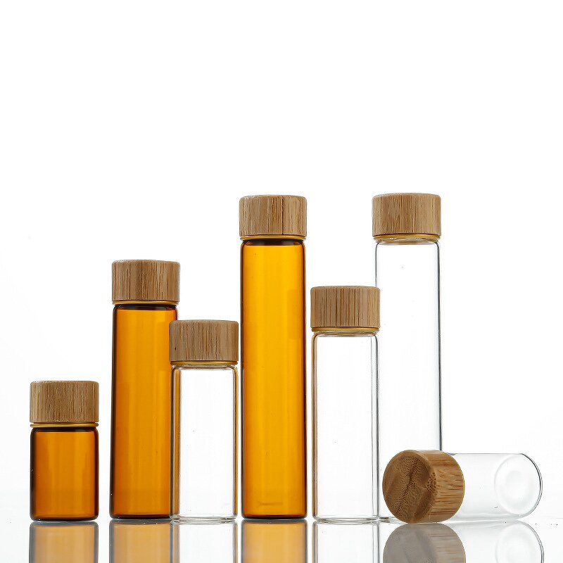 Glass Bottles Supplier - Wholesale Mini Amber Clear with Bamboo Lid Screw Cap