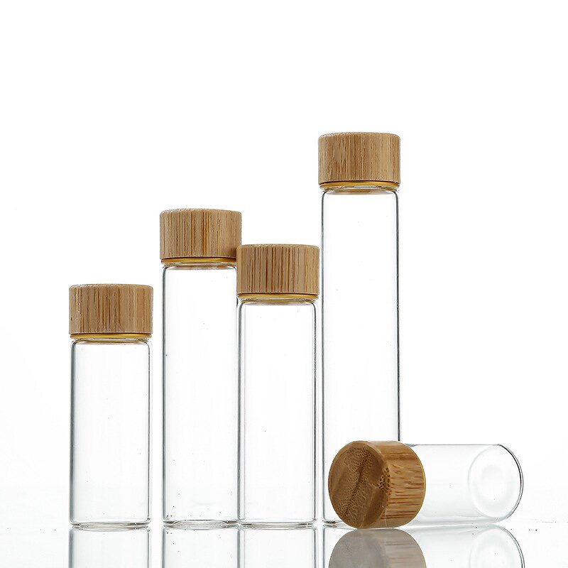 Glass Bottles Supplier - Wholesale Mini Amber Clear with Bamboo Lid Screw Cap