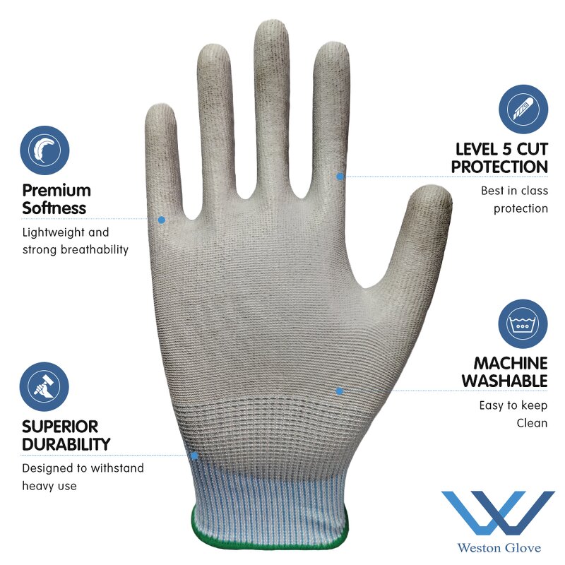 Industrial Safety Gloves Supplier - 18G PU Coated Cut Resistant Level 5