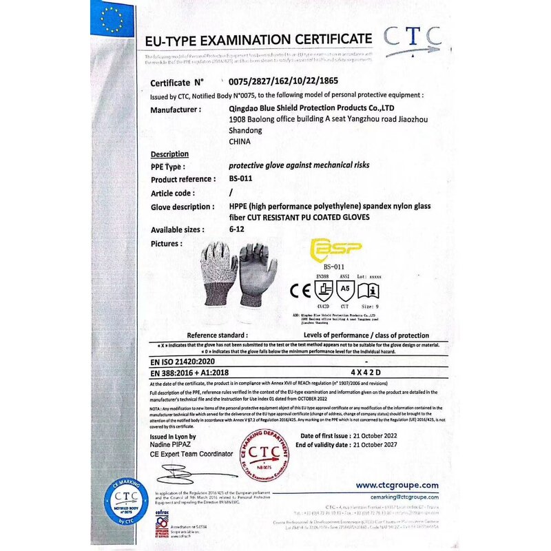 Cut Resistant Gloves Supplier - 4X42D Pu Coated A4 Safety Work Level 5