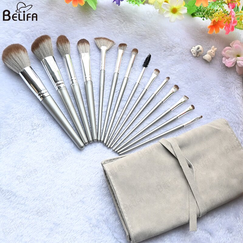 Makeup Brush Set Manufacturer - OEM Custom 14pcs Silver Grey Plastic Handle Set