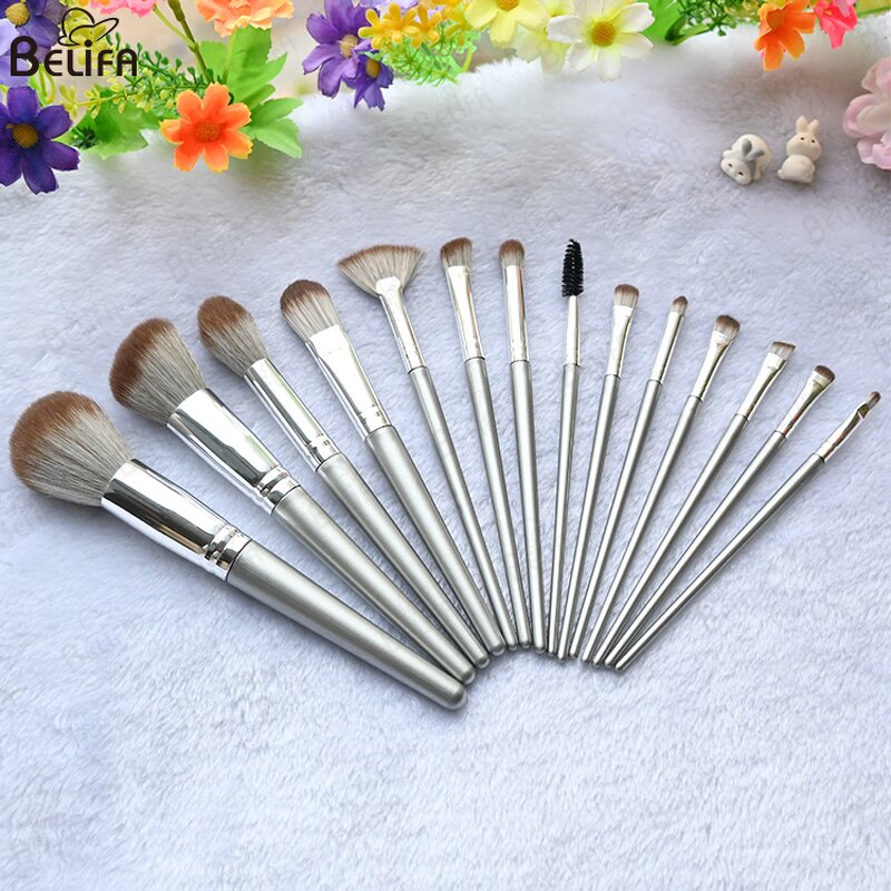 Makeup Brush Set Manufacturer - OEM Custom 14pcs Silver Grey Plastic Handle Set