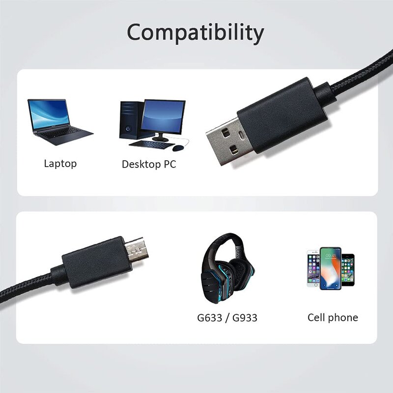 Logitech G635 USB Cable Supplier - Nylon Braided Replacement Charging Cable