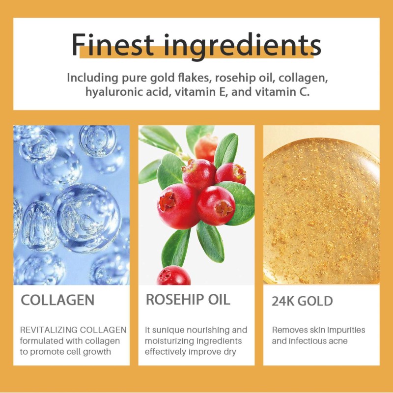 Private Label Skin Care Serum 99.9% Pure Gold Flake Anti Aging Wrinkle Dark Spot Whitening 24k Gold Face Serum