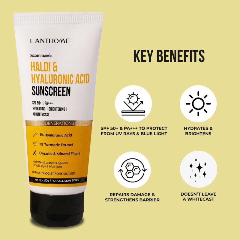 Organic Sunscreen SPF 50 + PA++ With Vitamin C Turmeric Hyaluronic Acid Uv Protection Moisturizing Brighten Sunscreen Cream