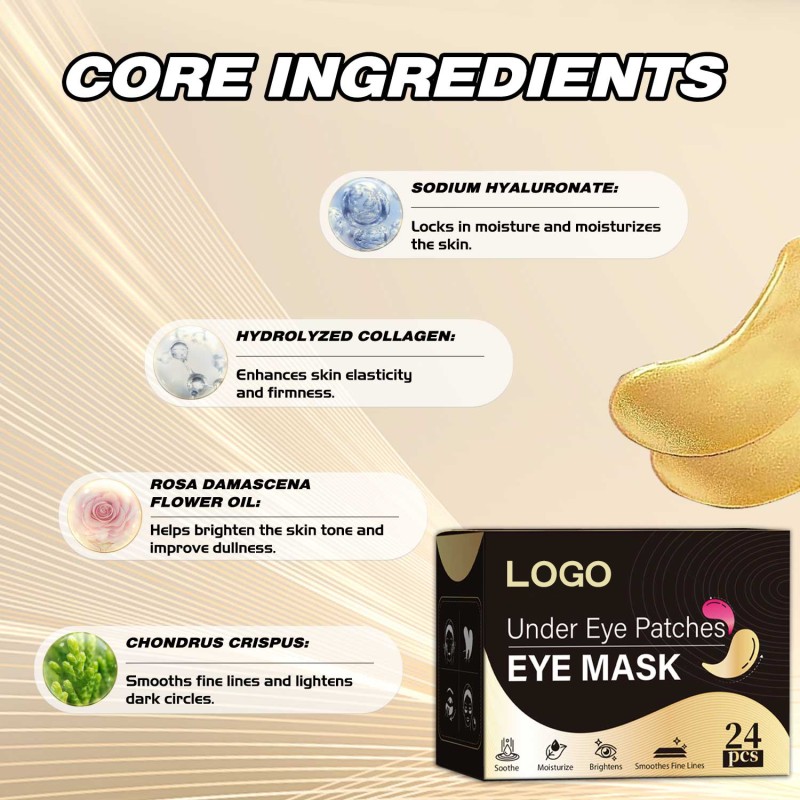Private Label Gold Gel Mask 24 Pieces Soothing Hydrating Under Eye Patches for Dark Circles