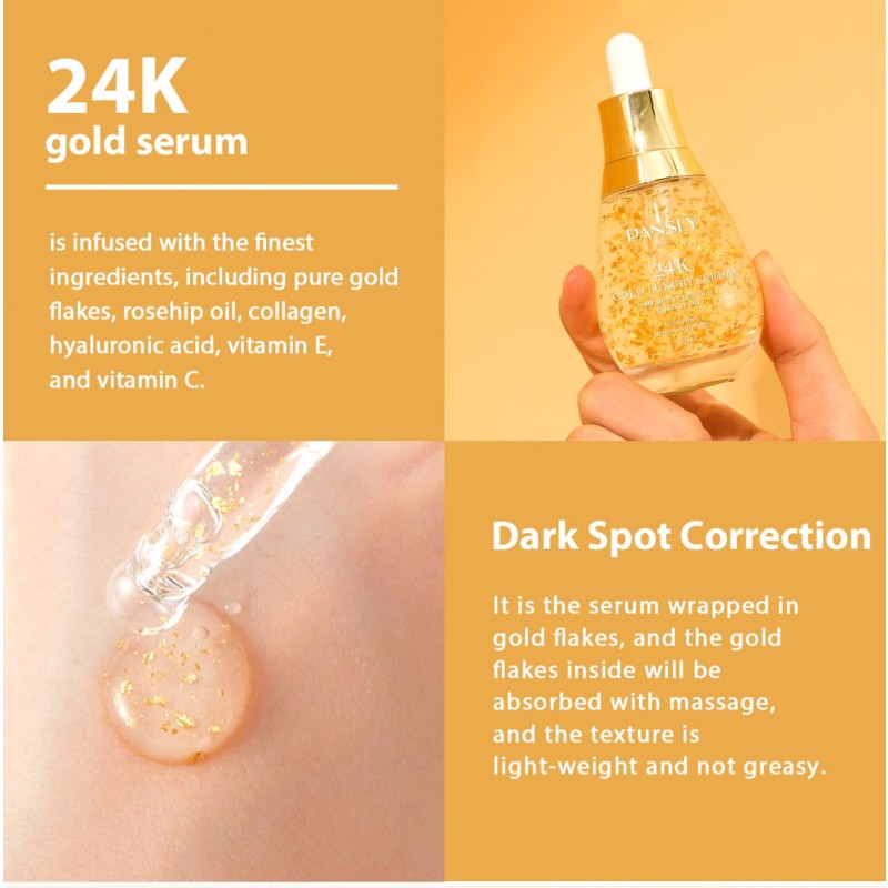 Private Label Skin Care Serum 99.9% Pure Gold Flake Anti Aging Wrinkle Dark Spot Whitening 24k Gold Face Serum
