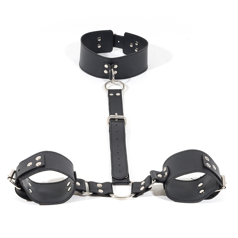 Hot Leather Sex Handcuffs Adult Neck to Wrist Restraints Kit Behind Handcuffs  Bondage Bdsm