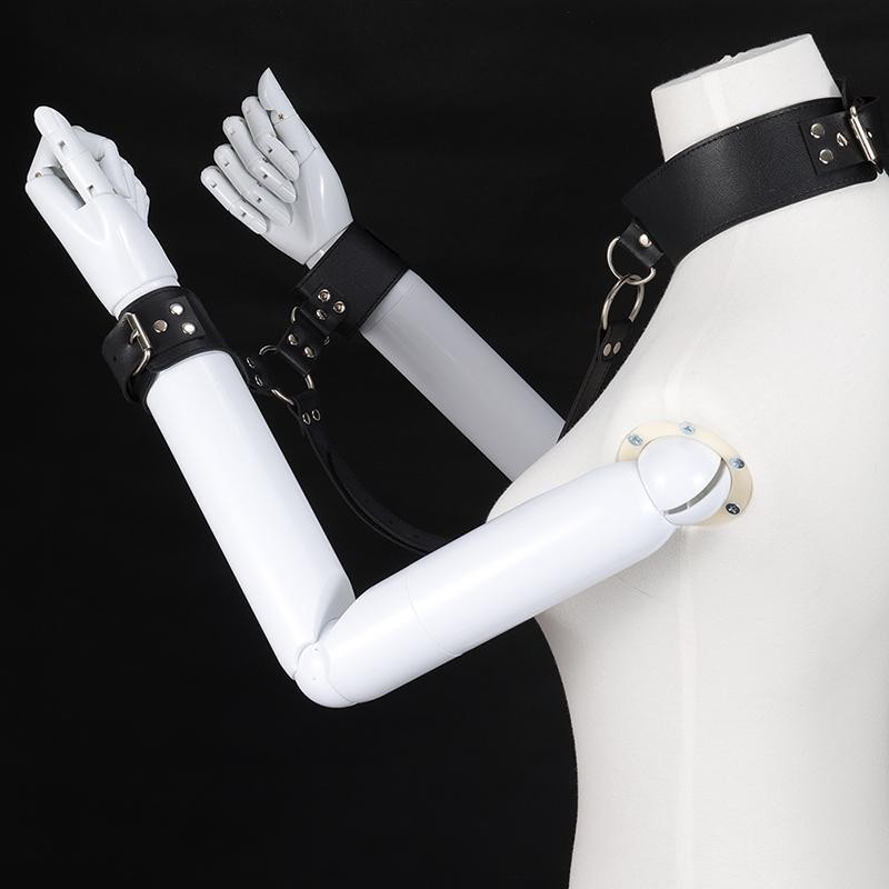 Hot Leather Sex Handcuffs Adult Neck to Wrist Restraints Kit Behind Handcuffs  Bondage Bdsm