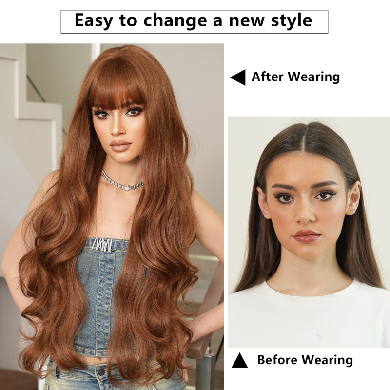 Super Long Apricot Brown Curly Wig for Women Natural Full Headband with Big Waves Bangs Simulated Wig Cap Small Size