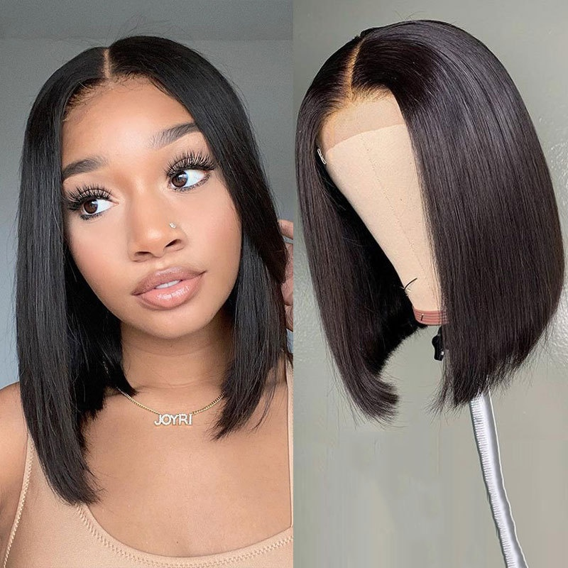Ready for Delivery Brazilian Remy Hair Wig Natural Color Short Straight Bob with Small Cap Transparent Lace Front