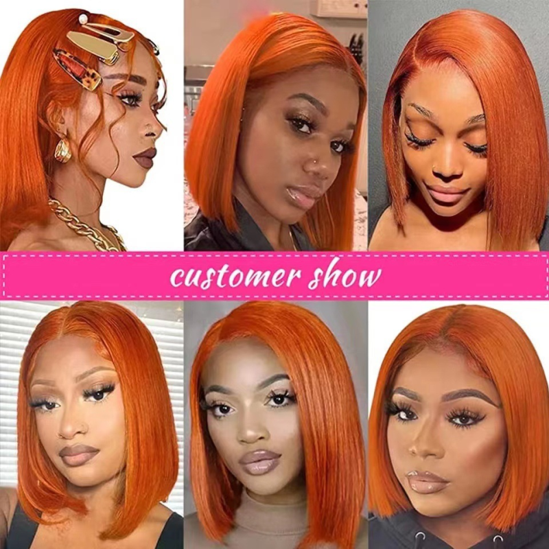 13X4 European and American Style Short Bob Wig 40-inch Remy Hair with Transparent Lace Orange Lace Front Cap Small Size