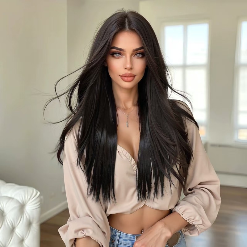 Imported Women's 13*6 Full Head Wig with Free Parting Breathable Transparent Lace Net Hand-Woven Short Straight Factory Stock