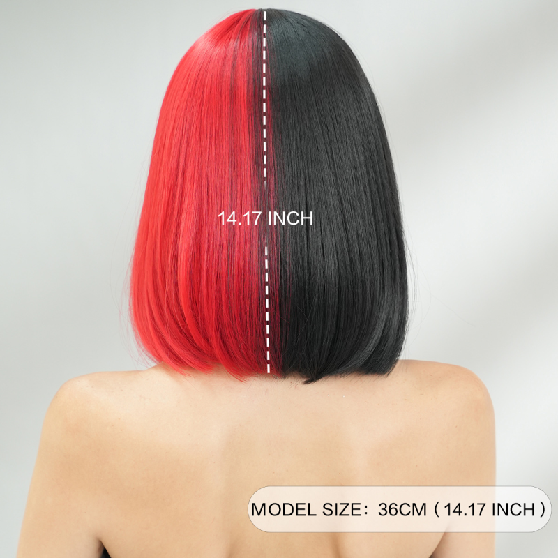 2025 Halloween Party Streetwear Wig Half Black Half Red Bob Short Straight Hair with Bangs Small Cap Size Wholesale