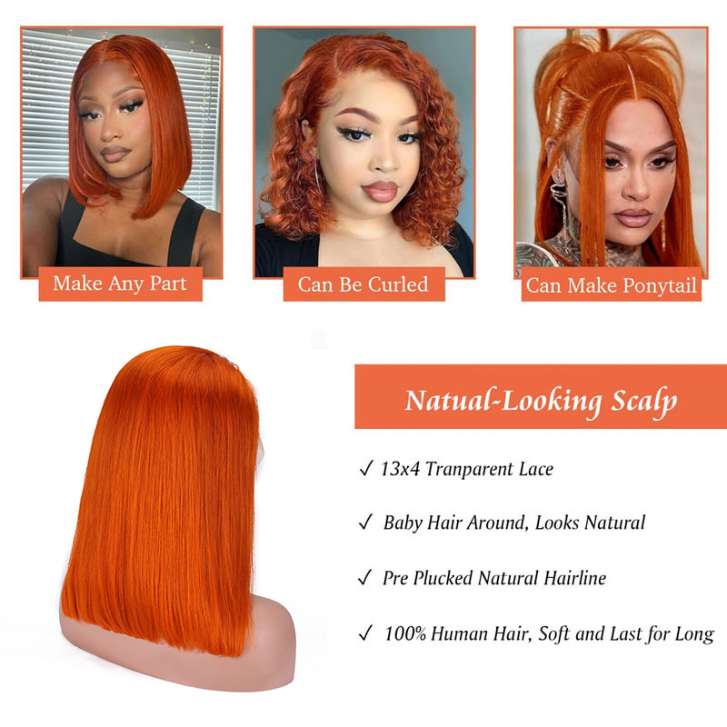 13X4 European and American Style Short Bob Wig 40-inch Remy Hair with Transparent Lace Orange Lace Front Cap Small Size
