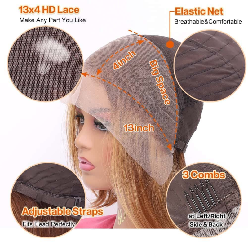 European American 4/27 13*4 Bob Wig High Quality Remy Hair Light Brown Lace Short Female Full Head Wig Small Cap Size 40 Inch