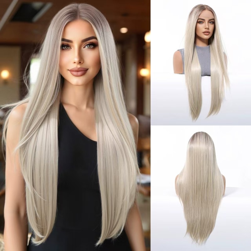 Imported Women's 13*6 Full Head Wig with Free Parting Breathable Transparent Lace Net Hand-Woven Short Straight Factory Stock