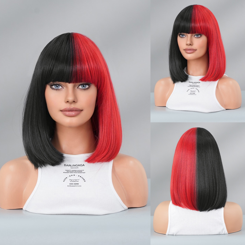 2025 Halloween Party Streetwear Wig Half Black Half Red Bob Short Straight Hair with Bangs Small Cap Size Wholesale
