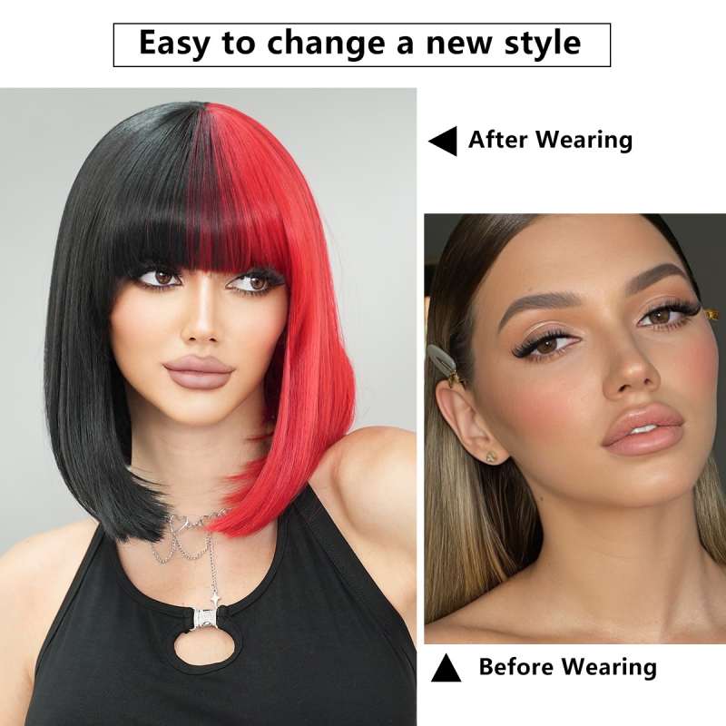 2025 Halloween Party Streetwear Wig Half Black Half Red Bob Short Straight Hair with Bangs Small Cap Size Wholesale
