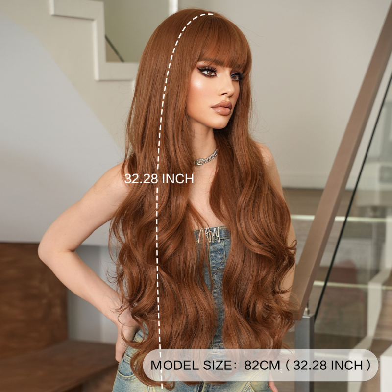 Super Long Apricot Brown Curly Wig for Women Natural Full Headband with Big Waves Bangs Simulated Wig Cap Small Size