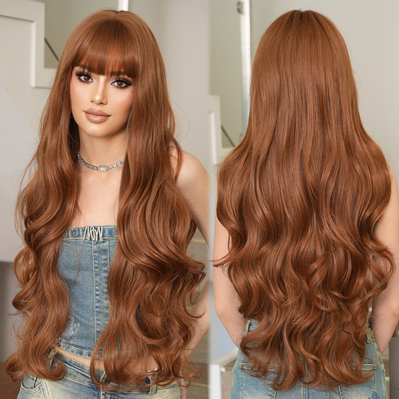 Super Long Apricot Brown Curly Wig for Women Natural Full Headband with Big Waves Bangs Simulated Wig Cap Small Size