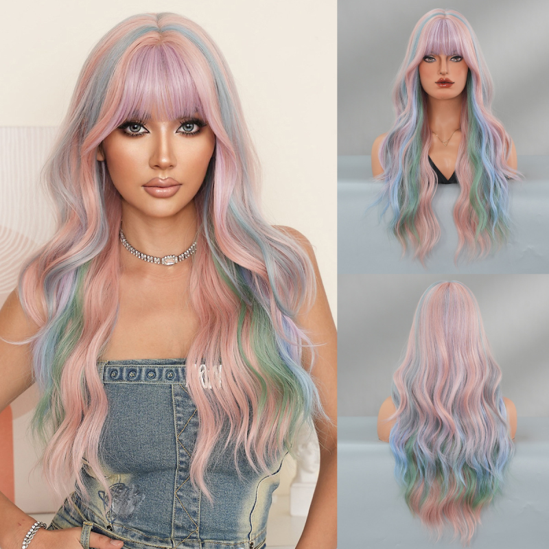 Y2K Female Full Head Japanese Lolita Wig Long Curly Big Wave Kinky Curl Small Cap Size Popular Paris Painted Rainbow Long Hair