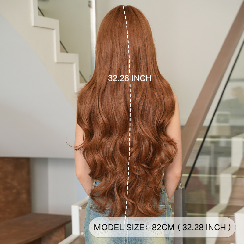 Super Long Apricot Brown Curly Wig for Women Natural Full Headband with Big Waves Bangs Simulated Wig Cap Small Size