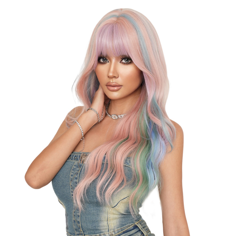 Y2K Female Full Head Japanese Lolita Wig Long Curly Big Wave Kinky Curl Small Cap Size Popular Paris Painted Rainbow Long Hair