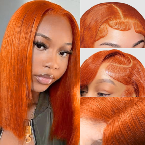13X4 European and American Style Short Bob Wig 40-inch Remy Hair with Transparent Lace Orange Lace Front Cap Small Size