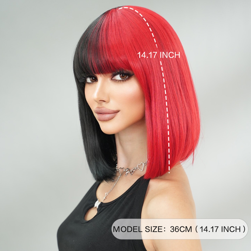 2025 Halloween Party Streetwear Wig Half Black Half Red Bob Short Straight Hair with Bangs Small Cap Size Wholesale