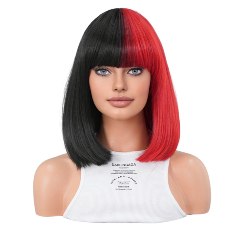 2025 Halloween Party Streetwear Wig Half Black Half Red Bob Short Straight Hair with Bangs Small Cap Size Wholesale