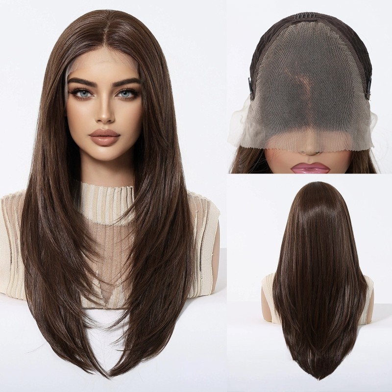 Large Area 13*6 Lace Wig Middle Parting Fashionable Black Brown Long Straight Hair Small Cap Transparent Full Hair Style Wigs