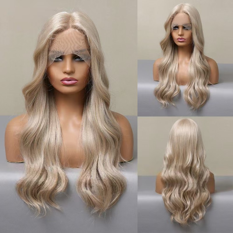 Women's Long-Length T-Shaped Lace Wig Blonde Big Wavy Curls Natural Cosplay Full Headband Hairstyle Small Size Long Layered