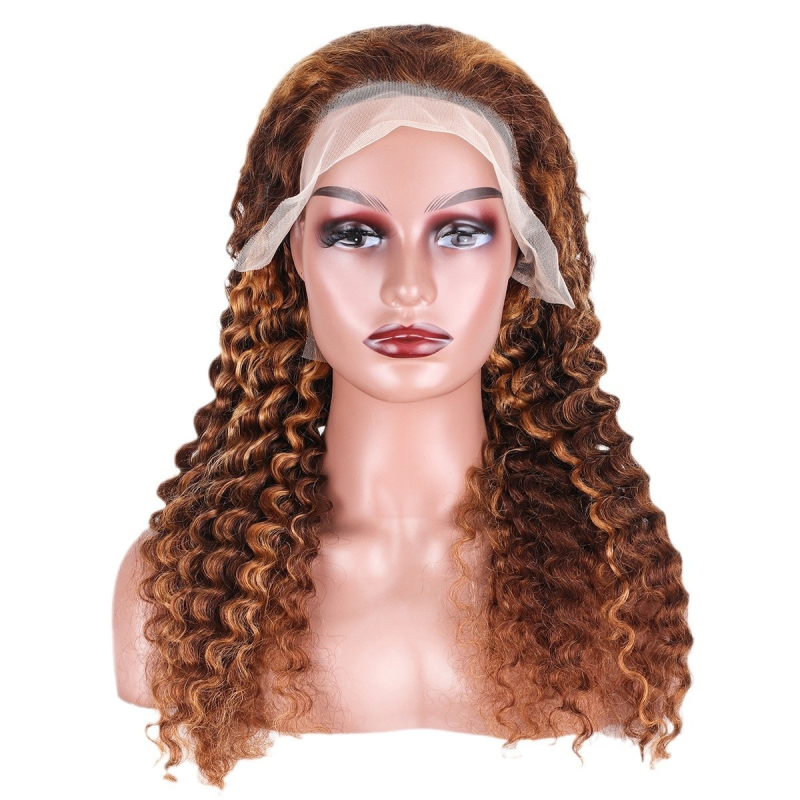DEEP Curl Remy Hair Wig Front Lace Full Head Wig HD Transparent Lace Kinky Texture Straight Style Model Highlight Wigs 4x4
