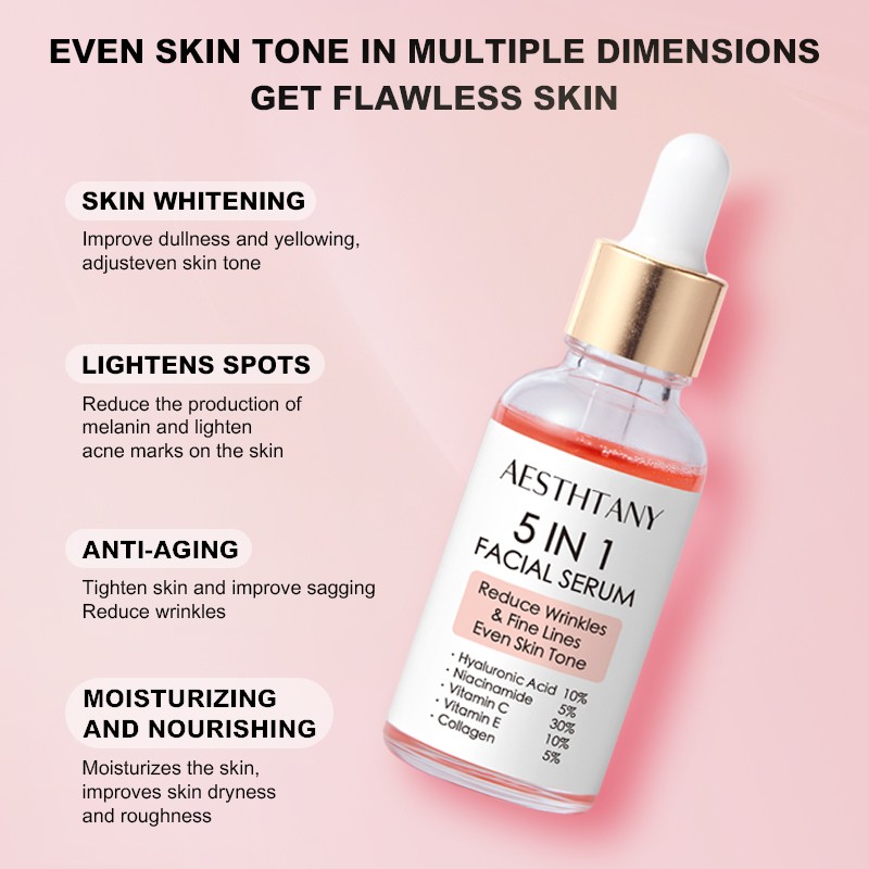 ODM Anti-Aging Collagen Repair Hydrating Brightening Shrink Pore Skin Care Ascorbic Acid Vitamin C Vitamin E 5 in 1 Face Serum