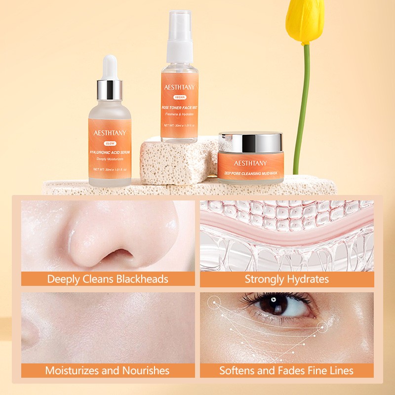 Aesthtany Hydrating Brightening Rejuvenating Mud Mask Toner Serum Gift Box Hyaluronic Acid Collagen Vegan Facial Care Gift Set