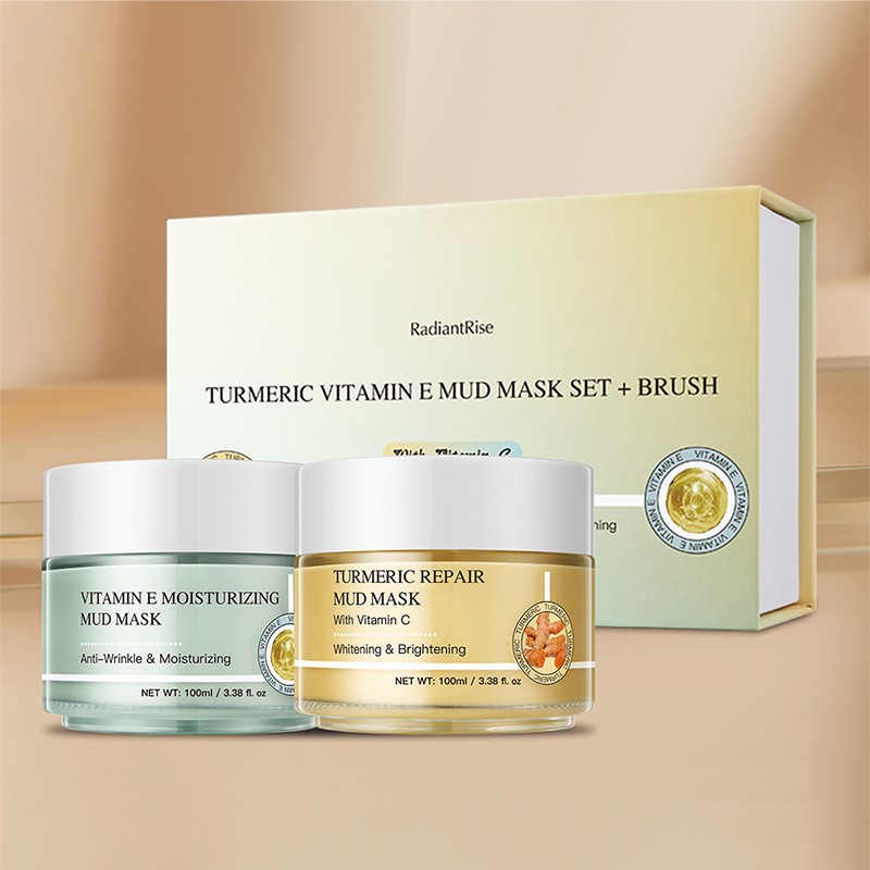 RadiantRise Face Care Oil Control Soothing Deep Cleansing Firming Skin Care Product Turmeric Vitamin E Mud Face Mask with Brush