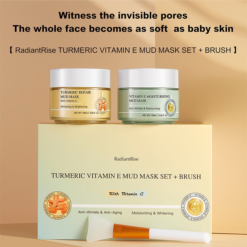 RadiantRise Face Care Oil Control Soothing Deep Cleansing Firming Skin Care Product Turmeric Vitamin E Mud Face Mask with Brush