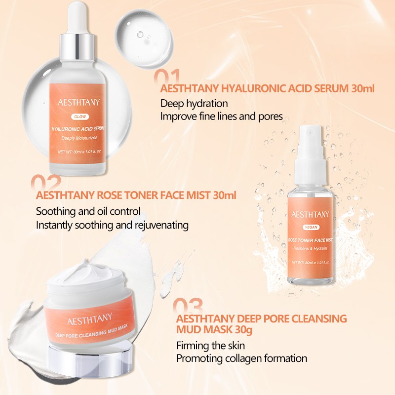 Aesthtany Hydrating Brightening Rejuvenating Mud Mask Toner Serum Gift Box Hyaluronic Acid Collagen Vegan Facial Care Gift Set