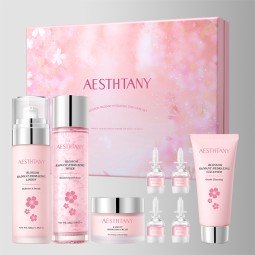 AESTHTANY Sakura Radiance Moisturizing Eight Piece Set Hydrating Brightening Nourishing Anti Aging Facial Skin Care Set