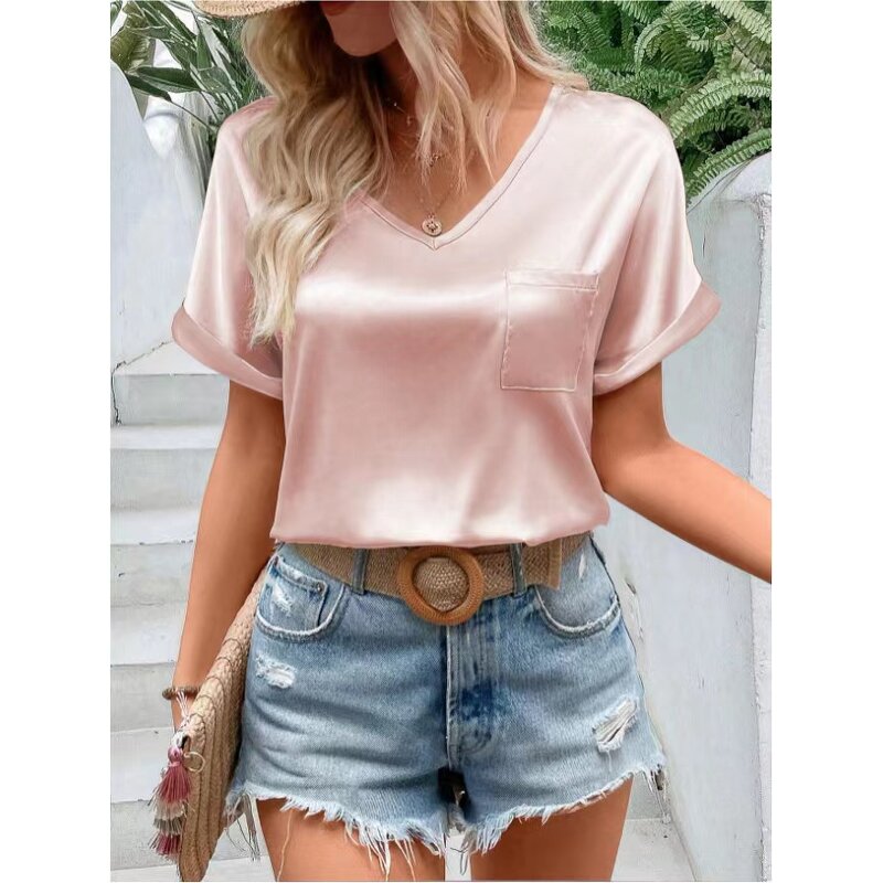 Women's T-shirt Manufacturer - OEM Satin V-neck Pocket Casual Top