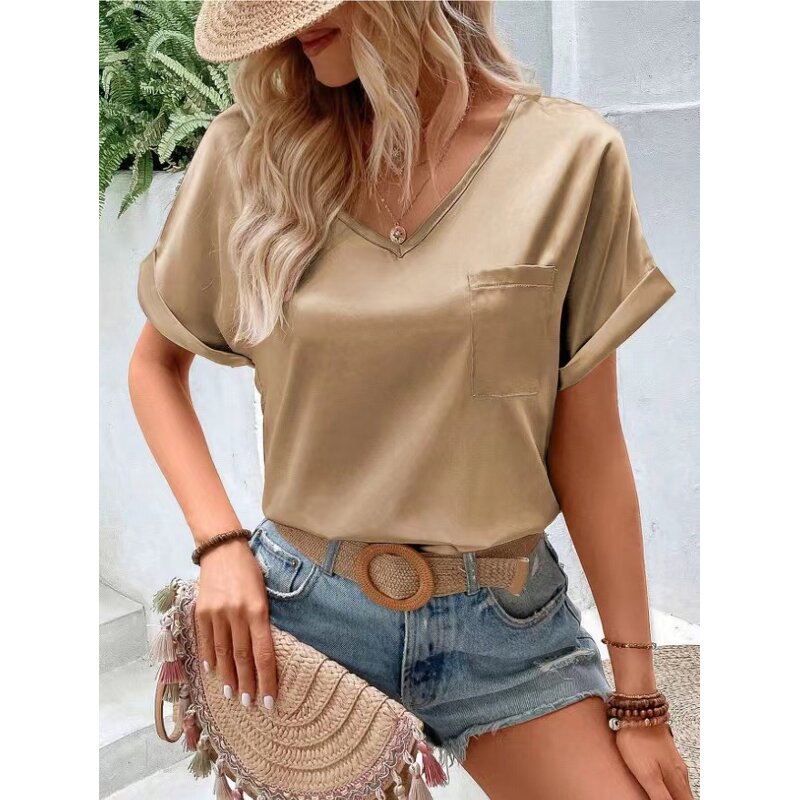 Women's T-shirt Manufacturer - OEM Satin V-neck Pocket Casual Top