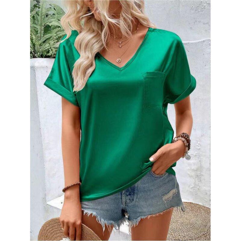 Women's T-shirt Manufacturer - OEM Satin V-neck Pocket Casual Top