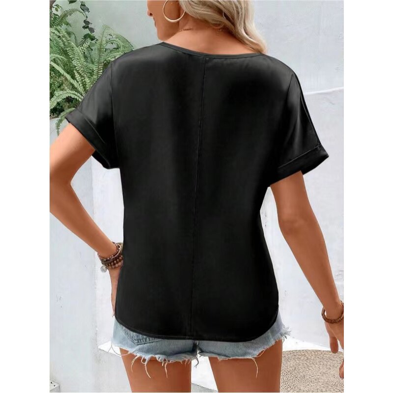 Women's T-shirt Manufacturer - OEM Satin V-neck Pocket Casual Top